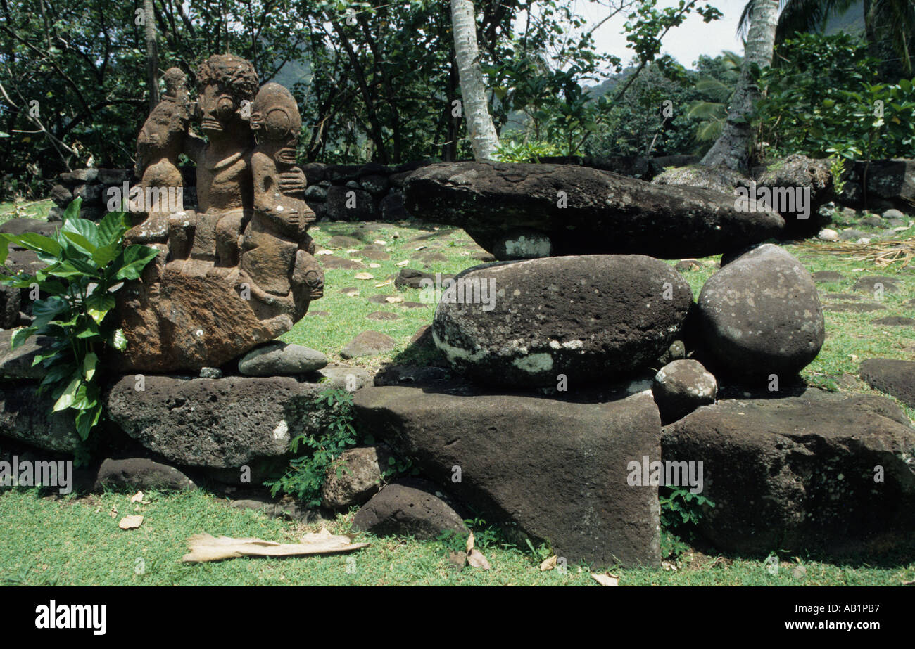 Stone statues or tikis in the Marquesas Islands French Polynesia Stock