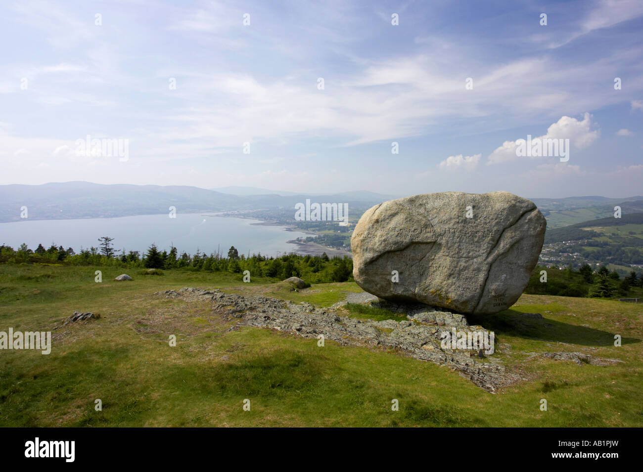 The cloughmore stone looking down on Carlingford Lough Stock Photo