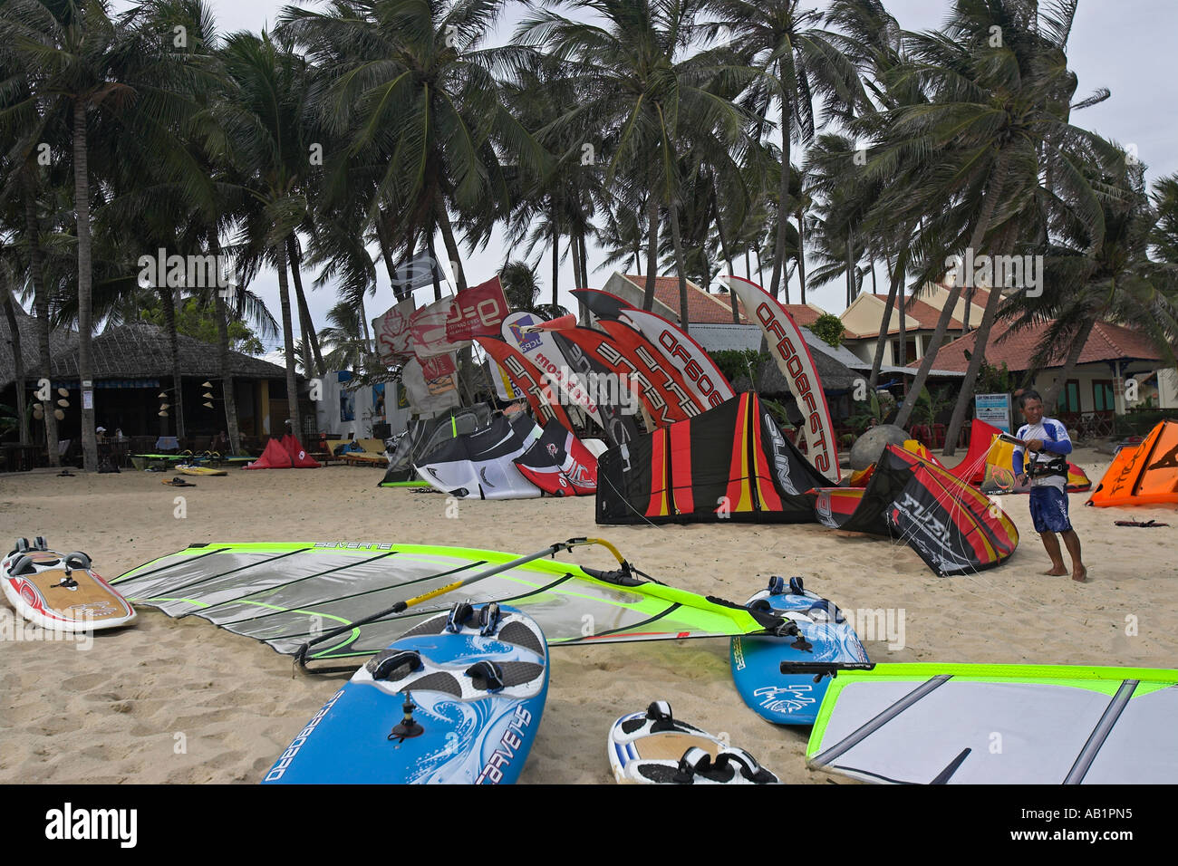 Kite boarding and sailboard equipment at beach rental shop Mui Ne south