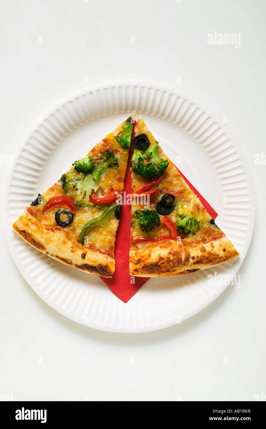 Two slices of American style vegetable pizza on paper plate