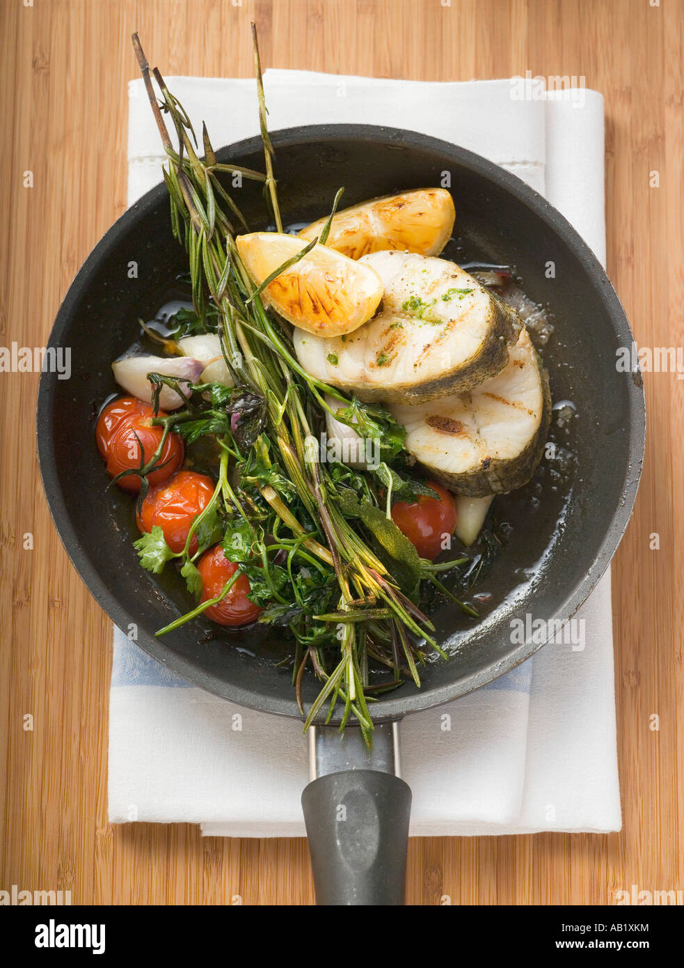 Pan fried sea bass overhead hires stock photography and images Alamy