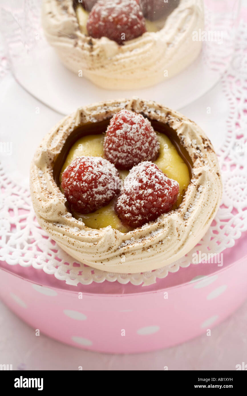 Meringue shell with raspberries vanilla cream icing sugar ...