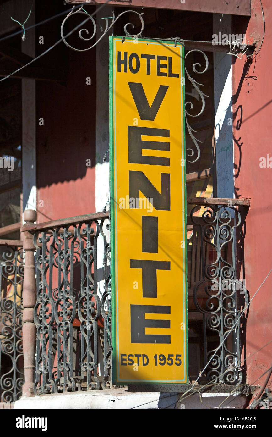 Attractive Hotel Venite restaurant with balconies overlooking street Sao Tome Panjim Goa Stock Photo
