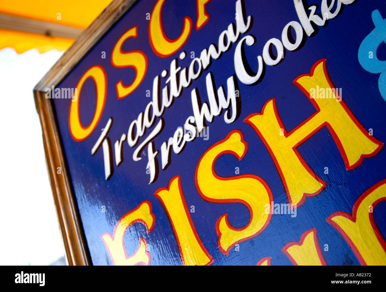 Osca's Fish and Chips sign Littlehampton. Stock Photo