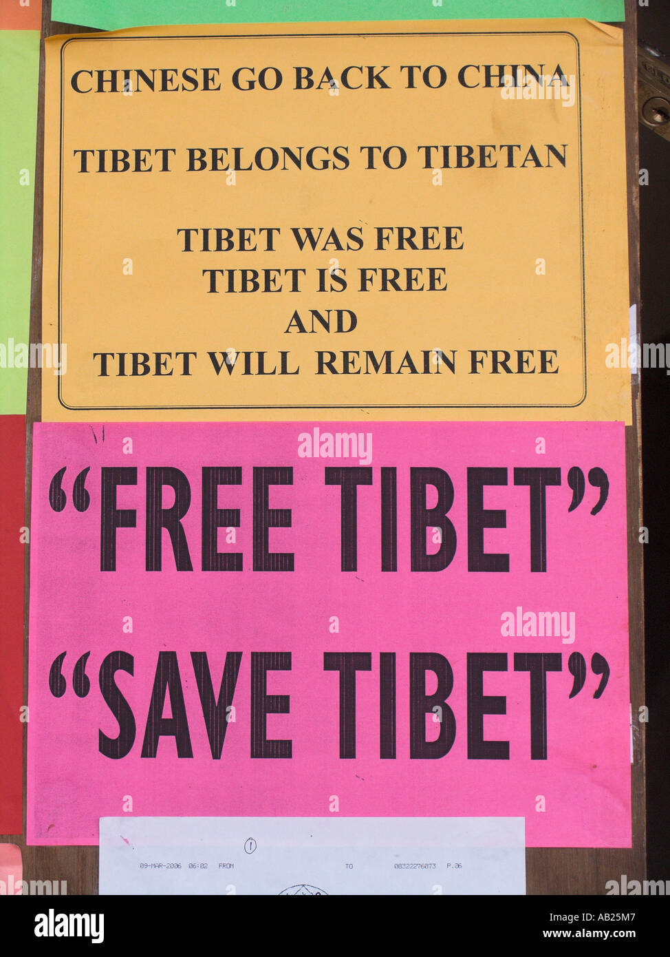 Free Tibet sign attached to tree market Calangute Goa India Stock Photo