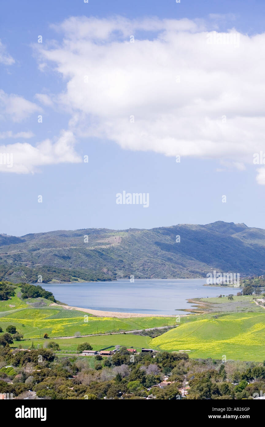 Elevated view of Lake Casitas and green fields in spring with white puffy clouds shot from Oak View near Ojai California Stock Photo