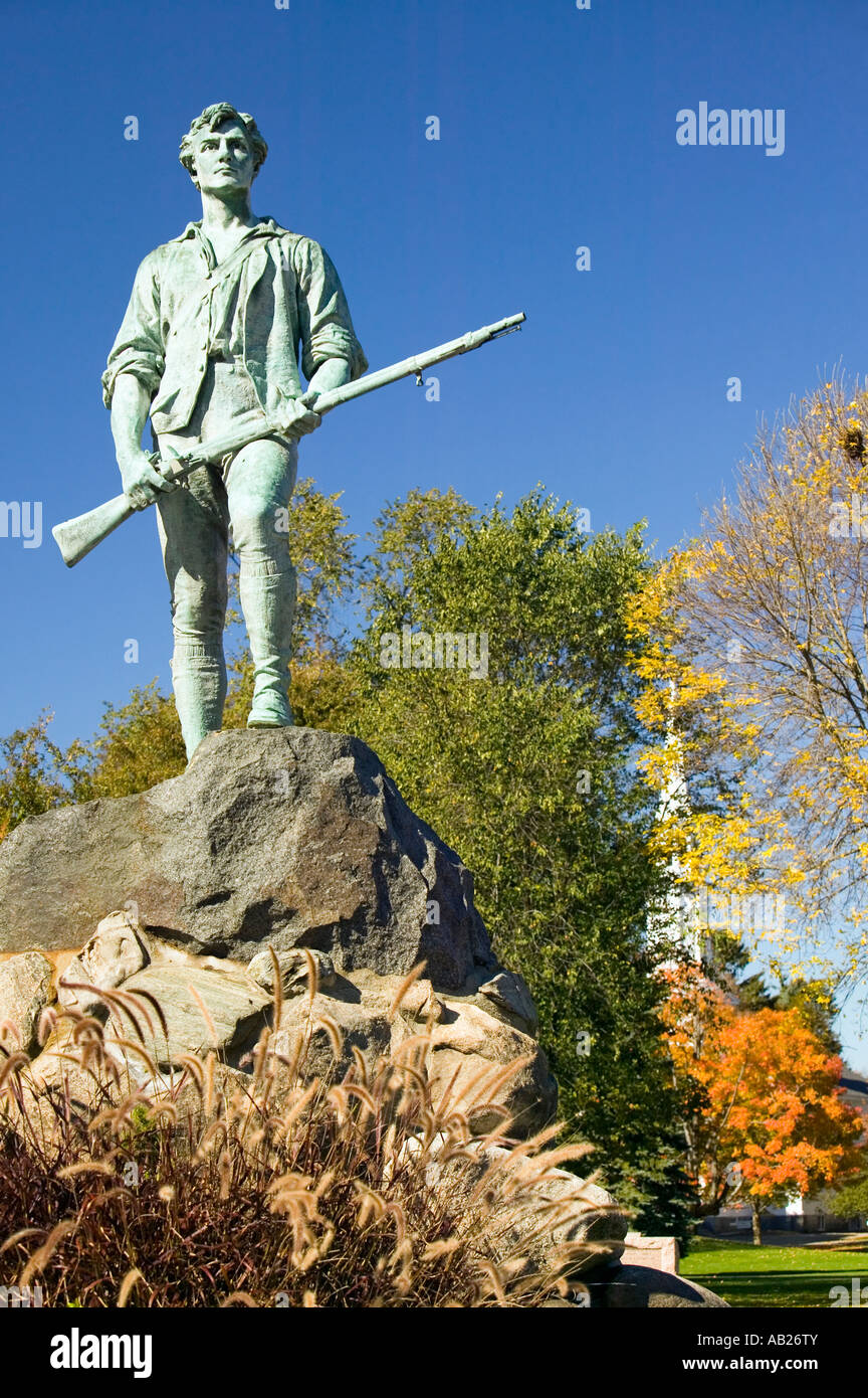 Minuteman soldier from Revolutionary War greets visitors to Historical Lexington Massachusetts New England Stock Photo
