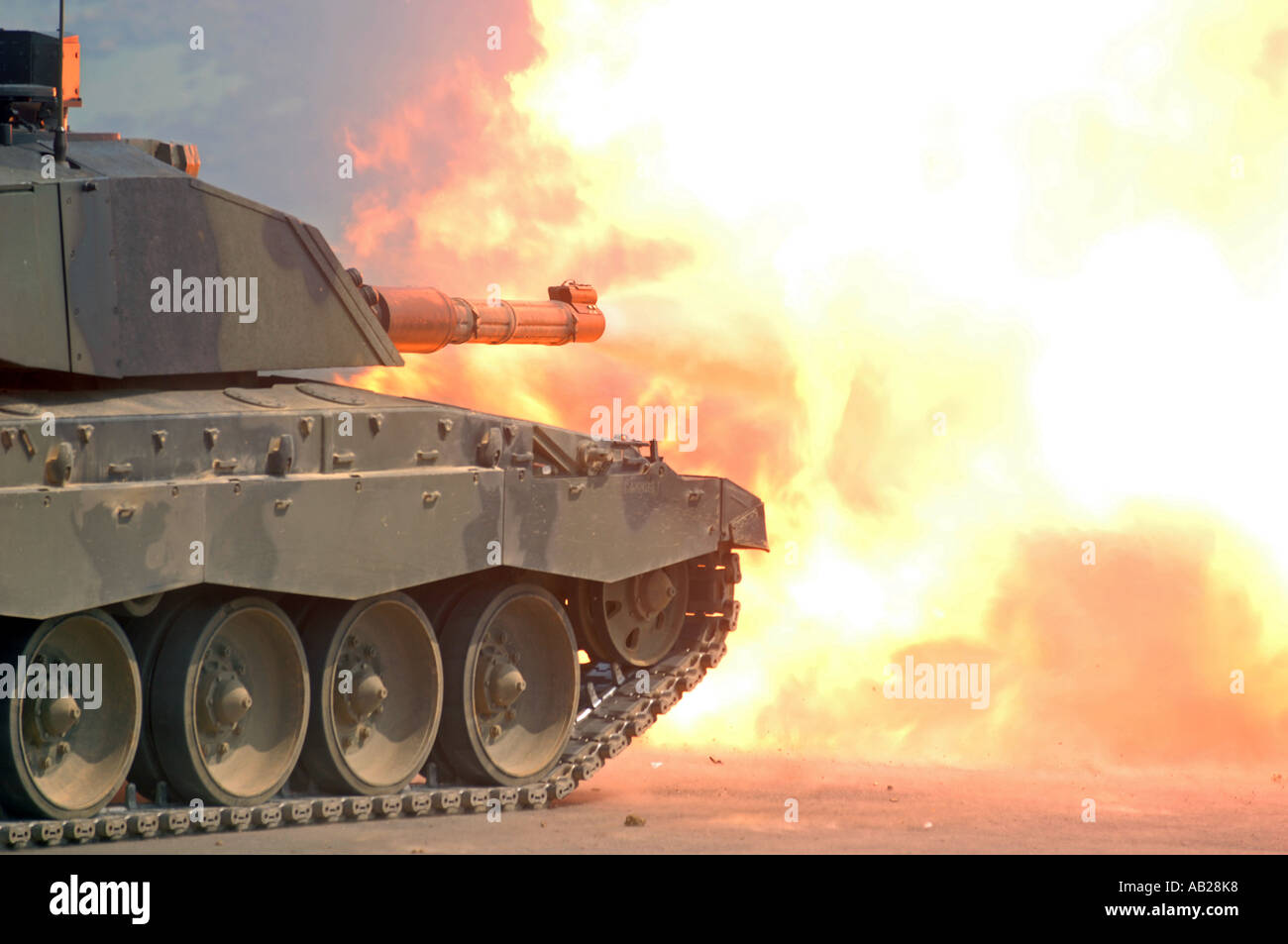 Challenger tank firing during tank training at 'The Armour Centre' at Bovington in Dorset Britain UK Stock Photo
