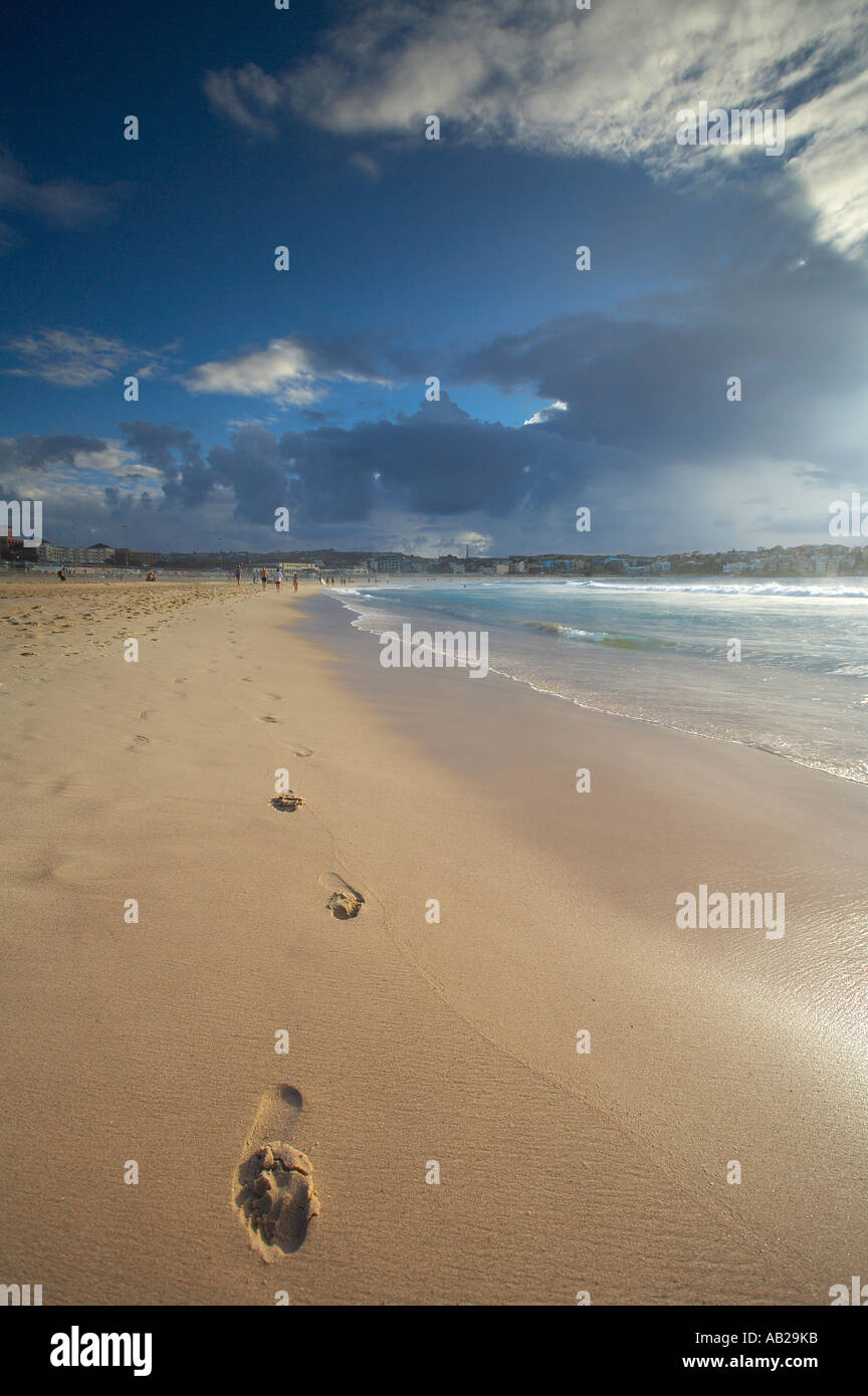 footprints on Bondi Beach early morning Sydney New South Wales Australia Stock Photo
