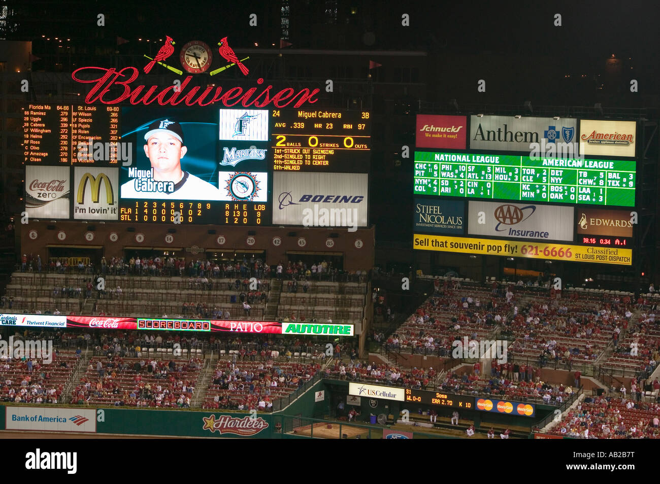 In a night game and a light rain mist a scoreboard is seen at the 3rd Busch Stadium St Louis Missouri on August 29 2006 Stock Photo