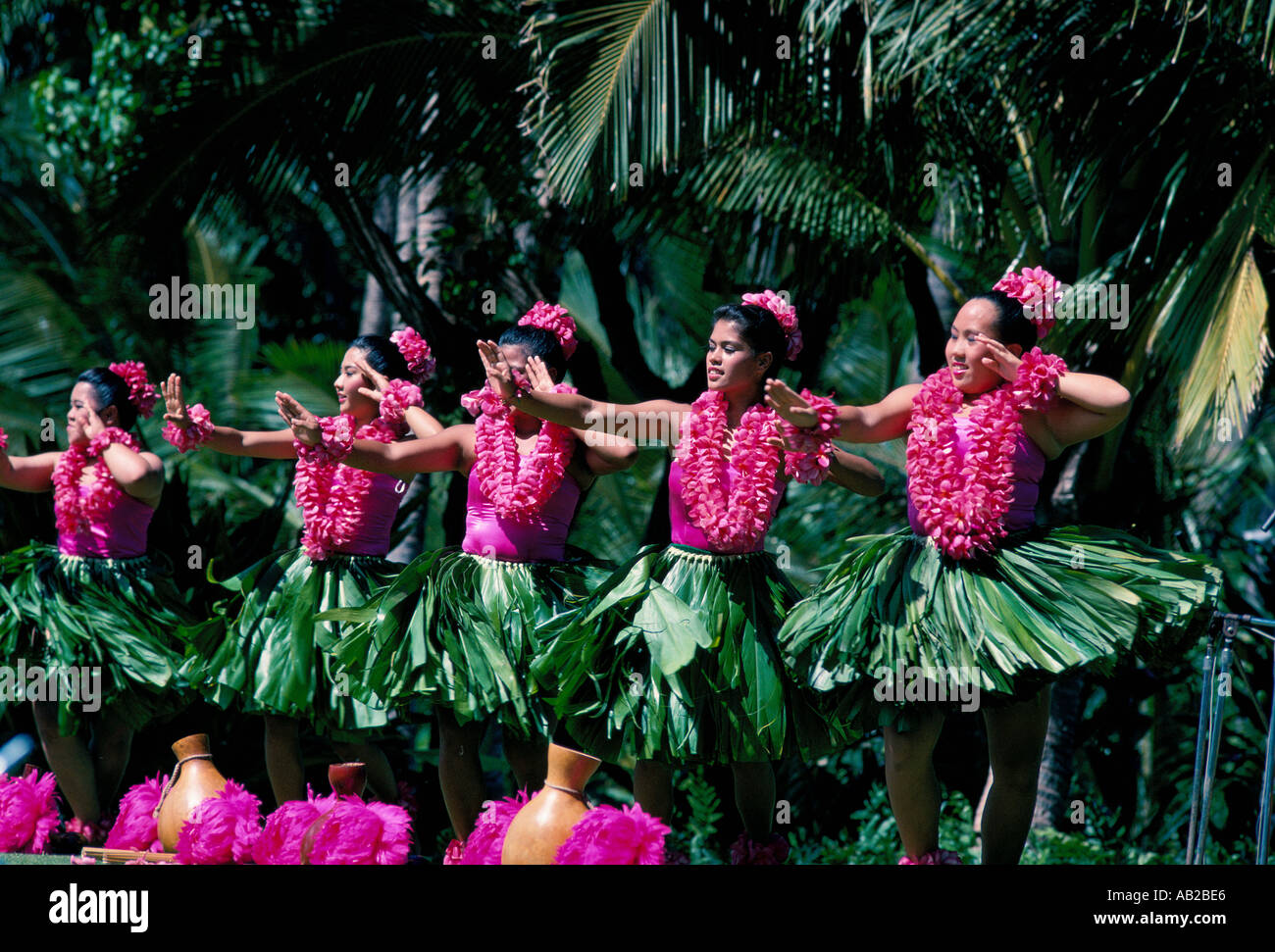 Five hula dancers in grass skirts and pink leis perform Hula Awana