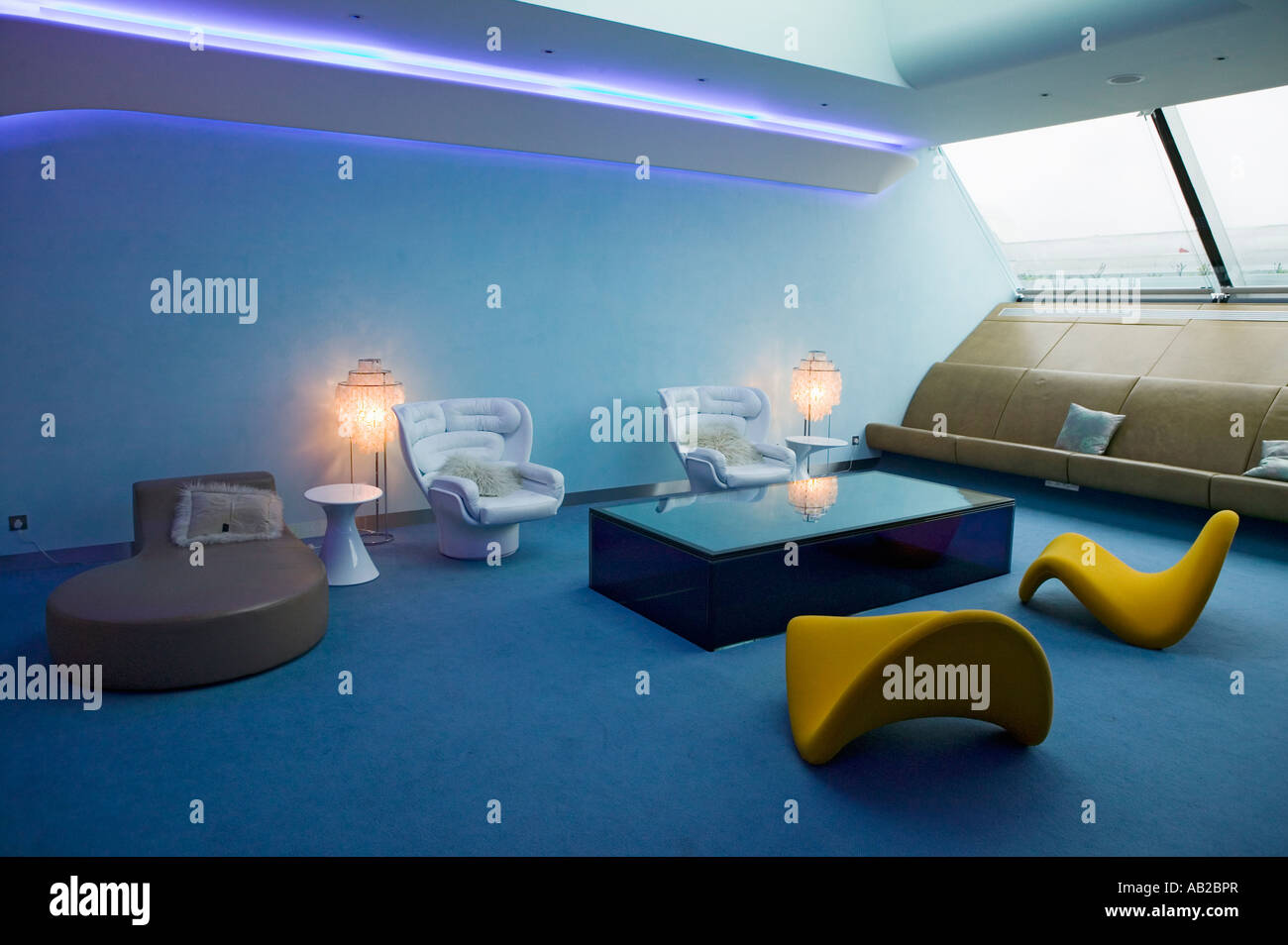 Interior view of modern seating furniture in first class lounge of