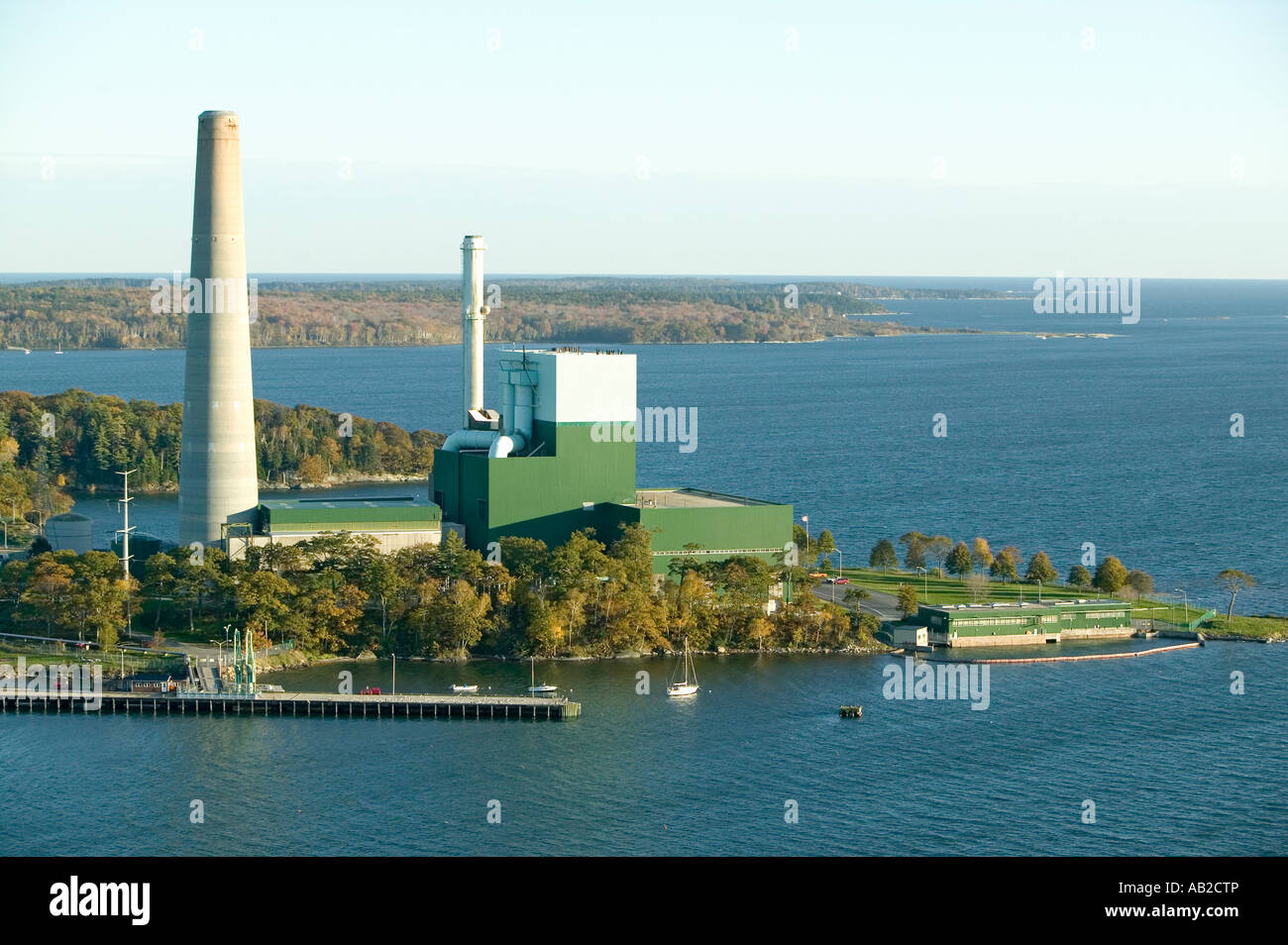 Aerial view of power plant on Cushing Island Portland Maine Stock Photo