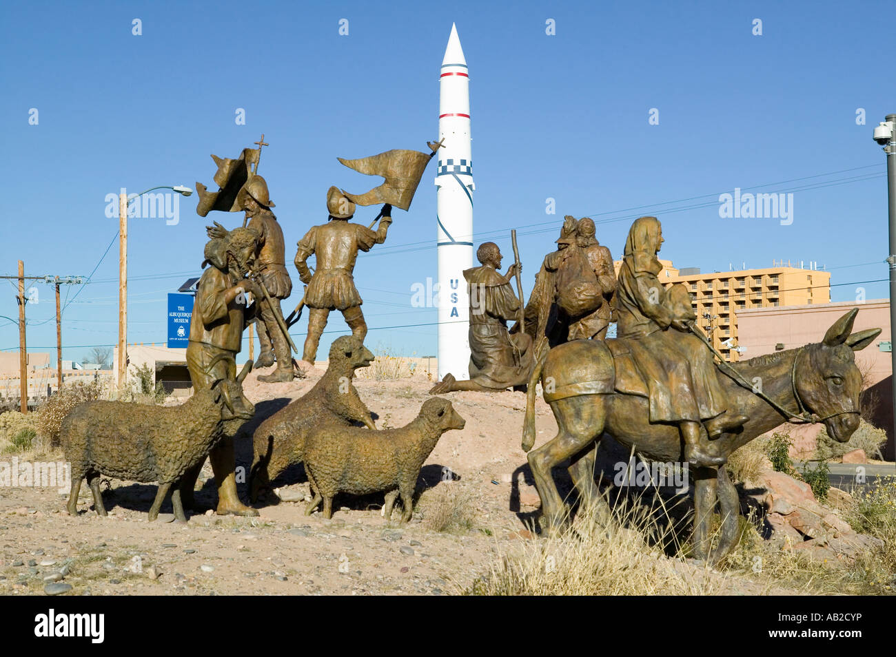 Sculpture garden at Albuquerque Museum of Art History New Mexico shows Coronado rocket ship Stock Photo