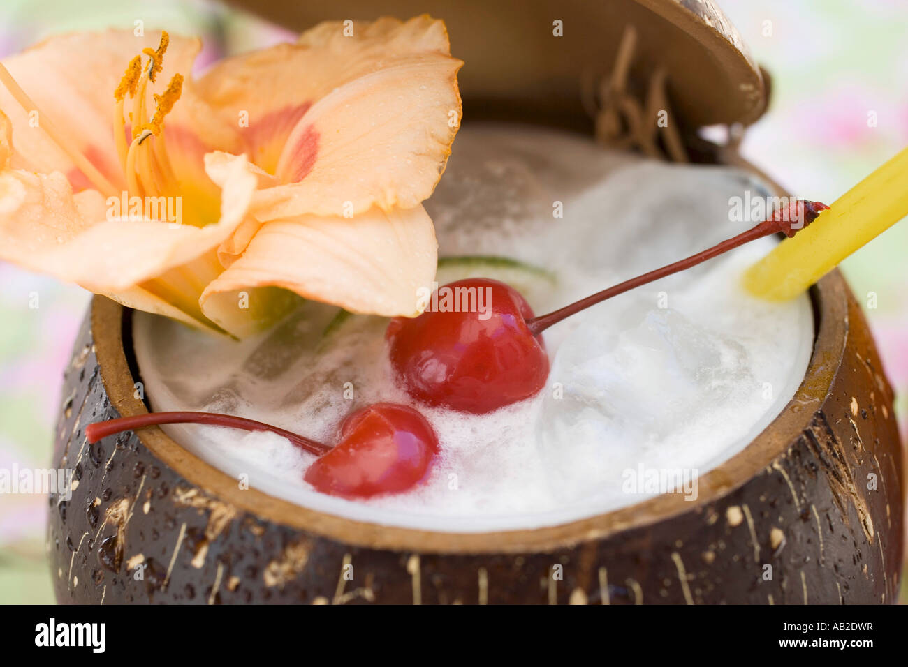 Pina Colada with flower and cherries FoodCollection Stock Photo - Alamy