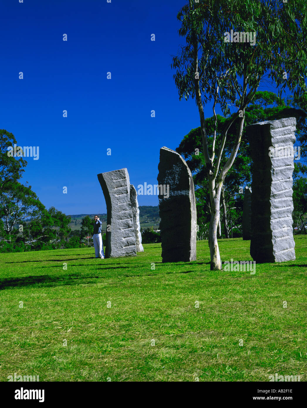 Man with mobile phone standing near big vertical stones Stock Photo