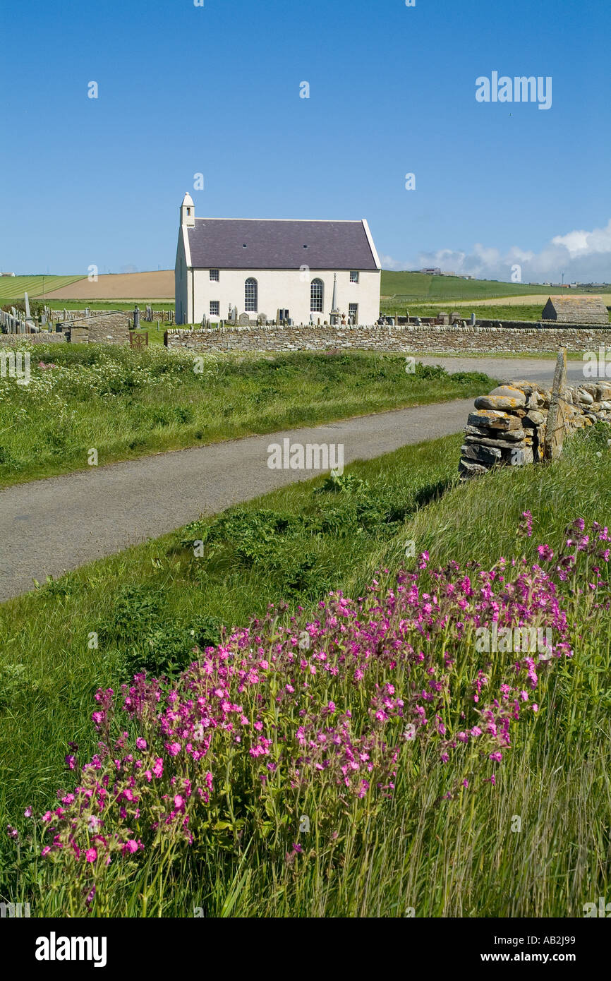dh Bay of Skaill SANDWICK ORKNEY SCOTLAND White washed church Red Campion flowers springtime countryside Stock Photo