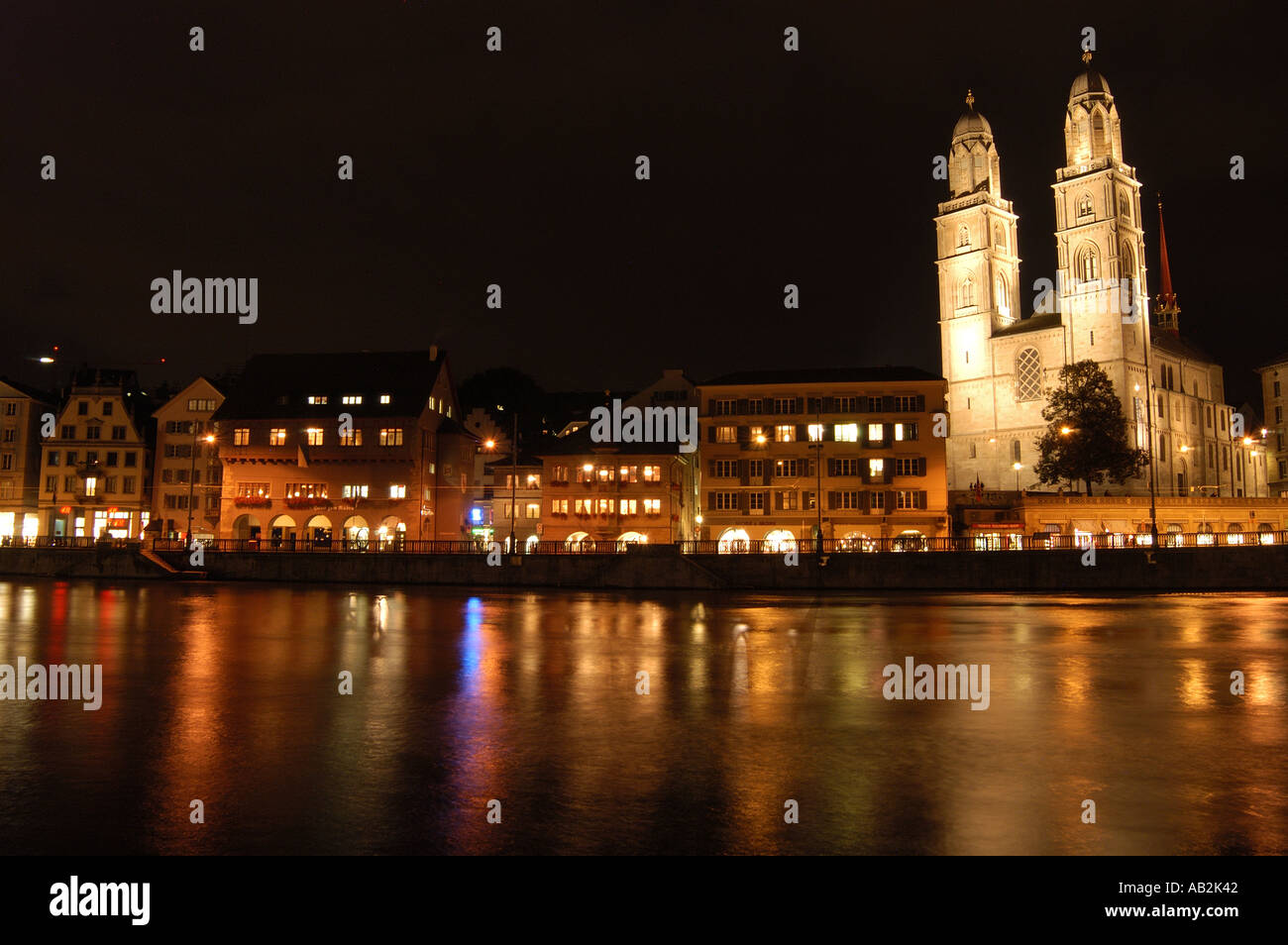 Grossmunster Cathedral and Limmat river Zurich Switzerland Stock Photo