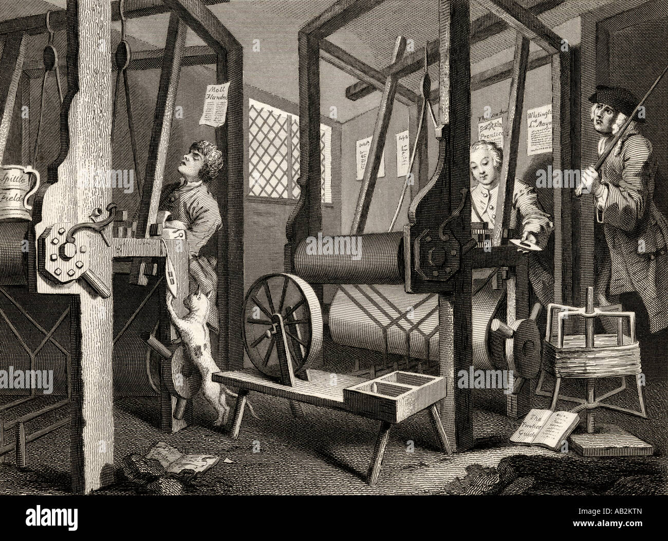 Industry and Idleness. The fellow prentices at their looms. From the original design by Hogarth. Stock Photo