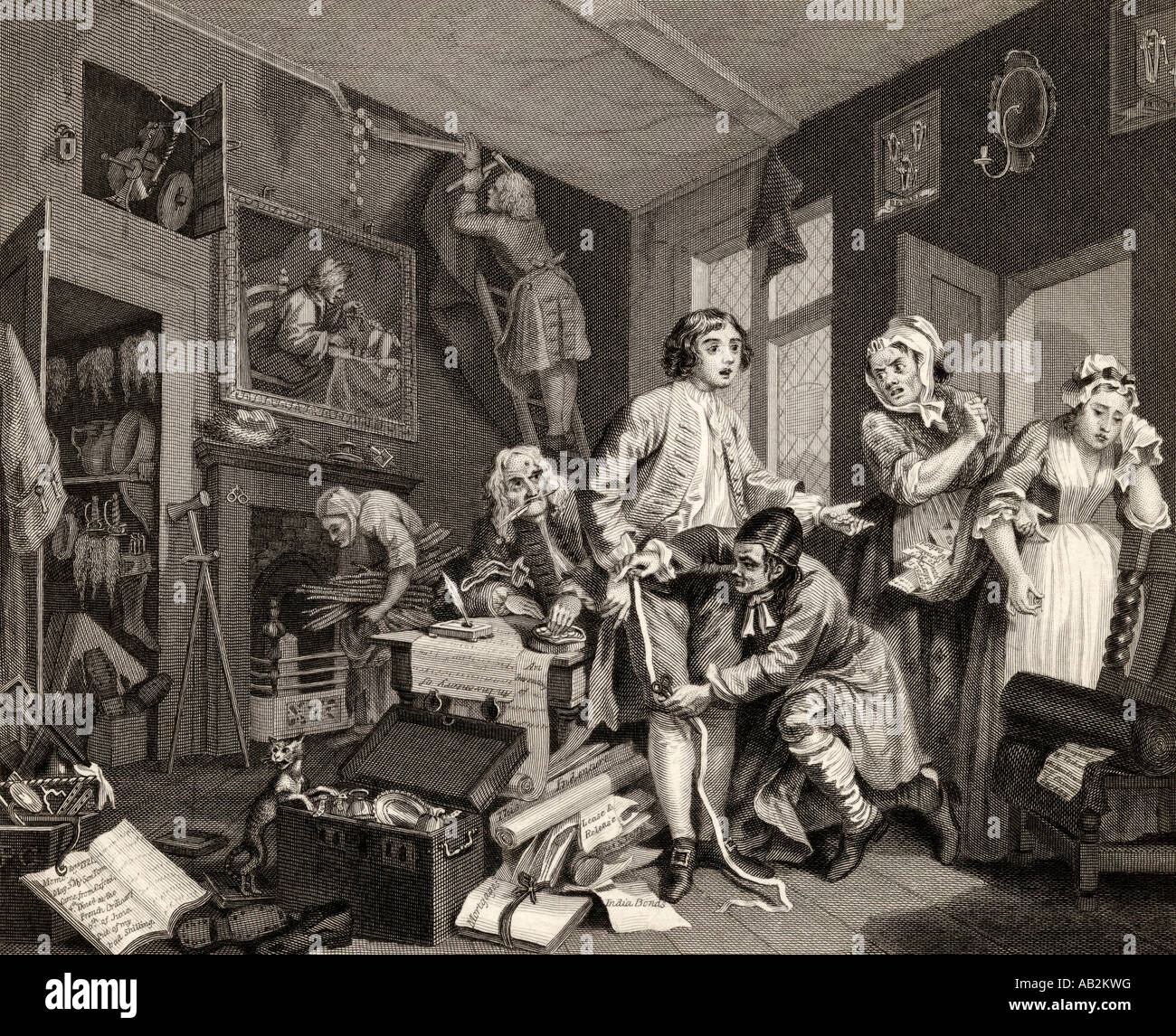 The Rake's Progress. The young heir takes possession of the miser's effects. From the original picture by Hogarth. Stock Photo