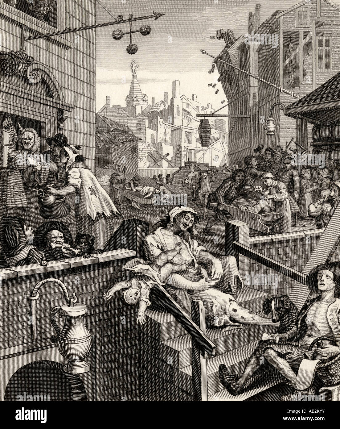 Beer Street and Gin Lane.  From the original design by Hogarth Stock Photo