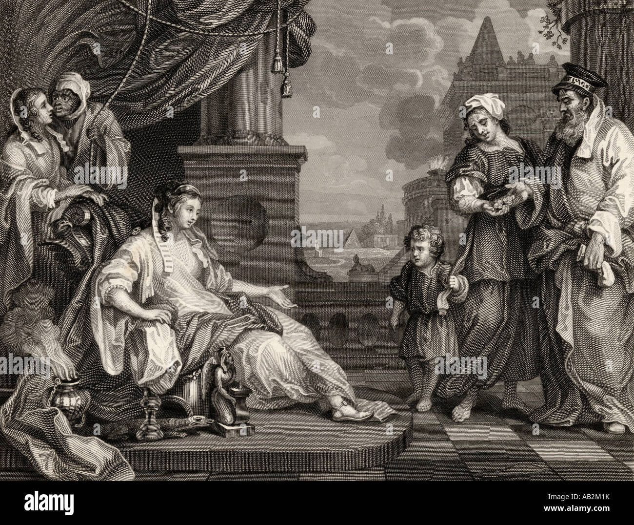 Moses before Pharaoh's Daughter. From the original by Hogarth. Stock Photo