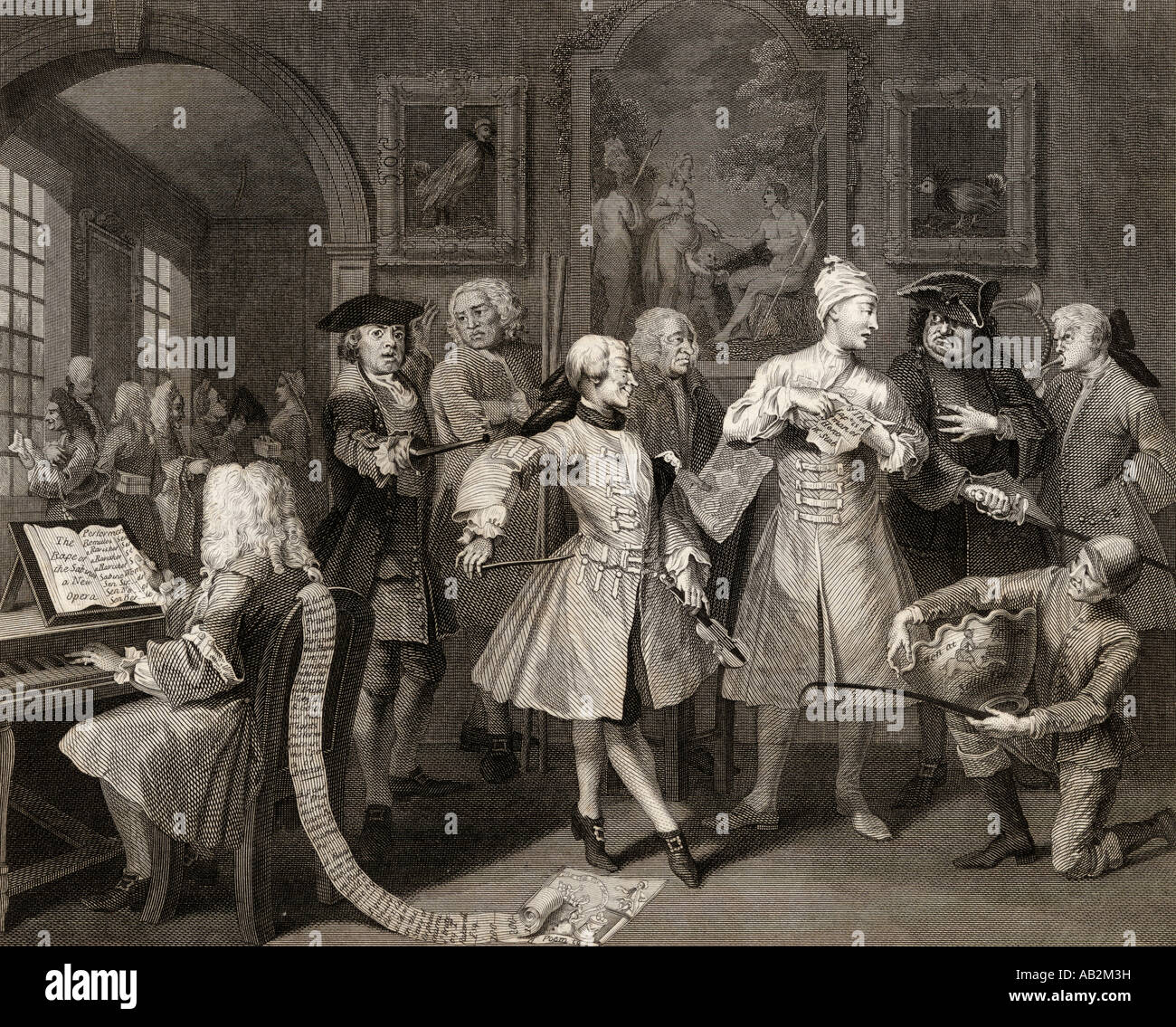 The Rake's Progress. Surrounded by artists and professors.  From the original picture by Hogarth. Stock Photo