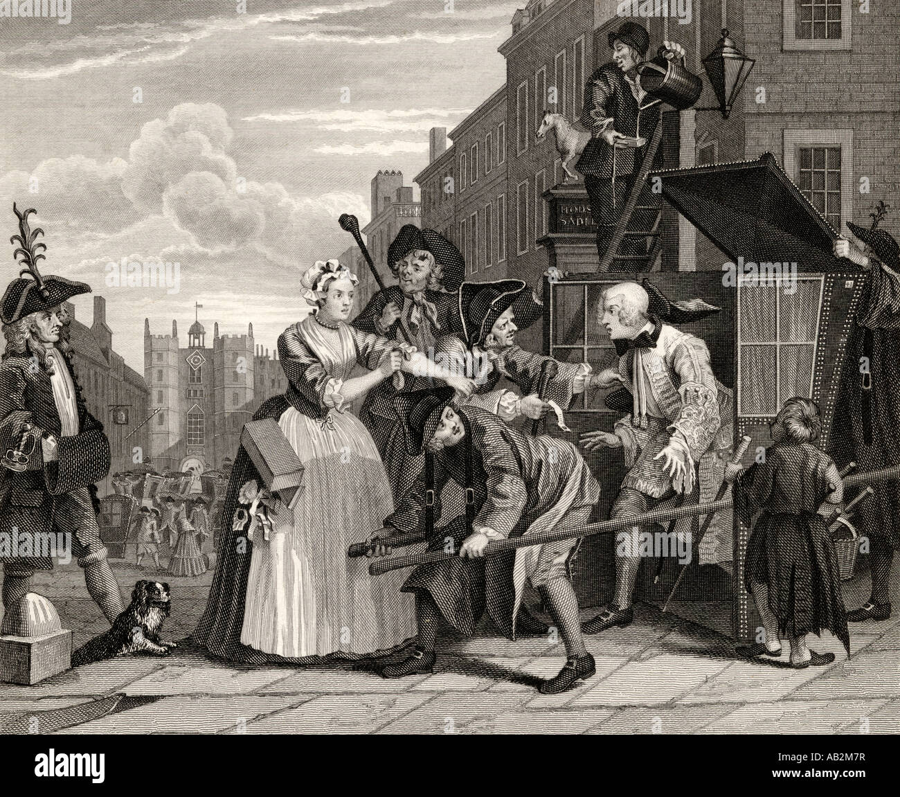 The Rake's Progress.  Arrested for debt whilst going to court.  From the original picture by Hogarth. Stock Photo