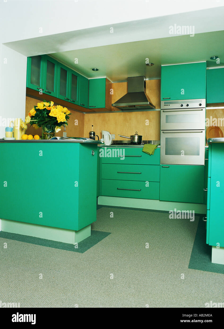 Interior kitchen open plan green Stock Photo - Alamy