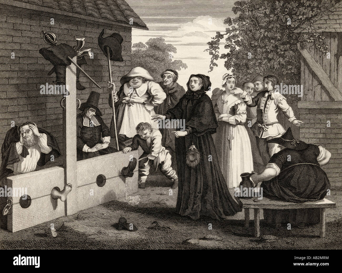 Hudibras and Ralpho in the stocks. Engraved by J Romney after Hogarth Stock Photo