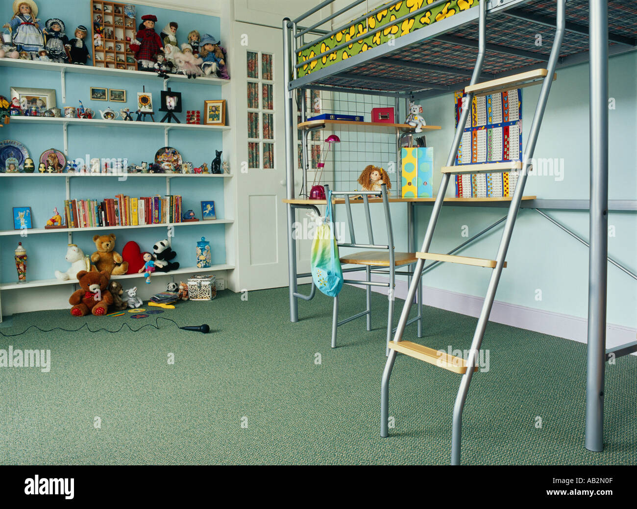 Interior child s bedroom bunk bed and workspace Stock Photo Alamy