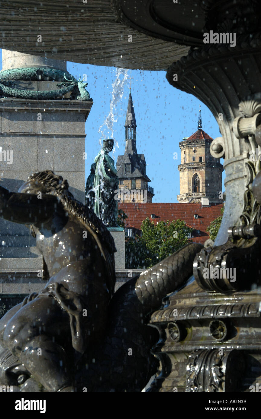 Fountain in Schlossplatz and Stiftskirche Stuttgart Germany Stock Photo ...