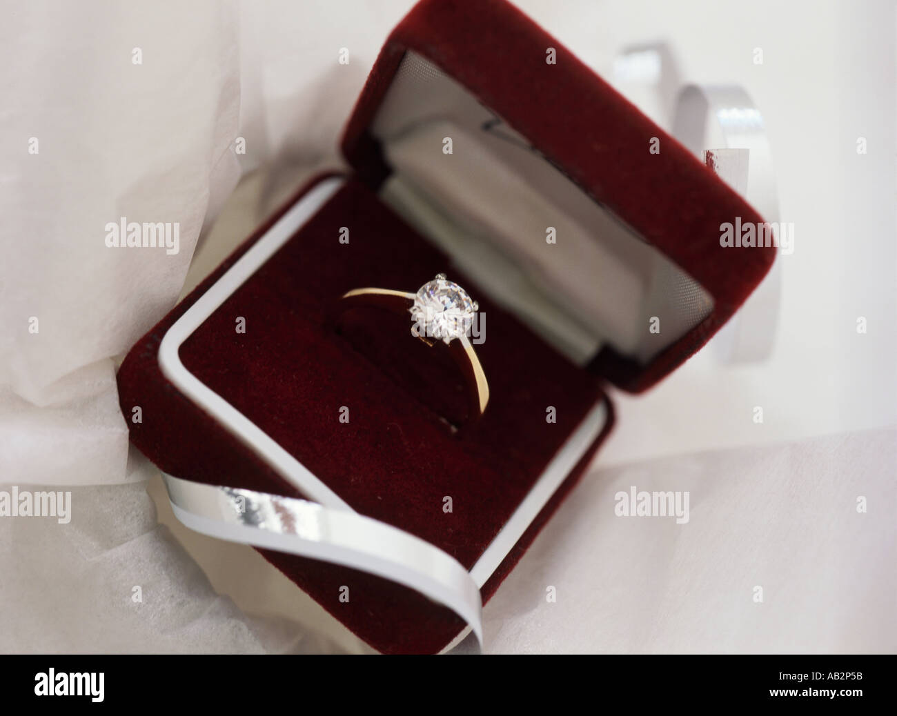 A diamond ring in a red velvet box Stock Photo