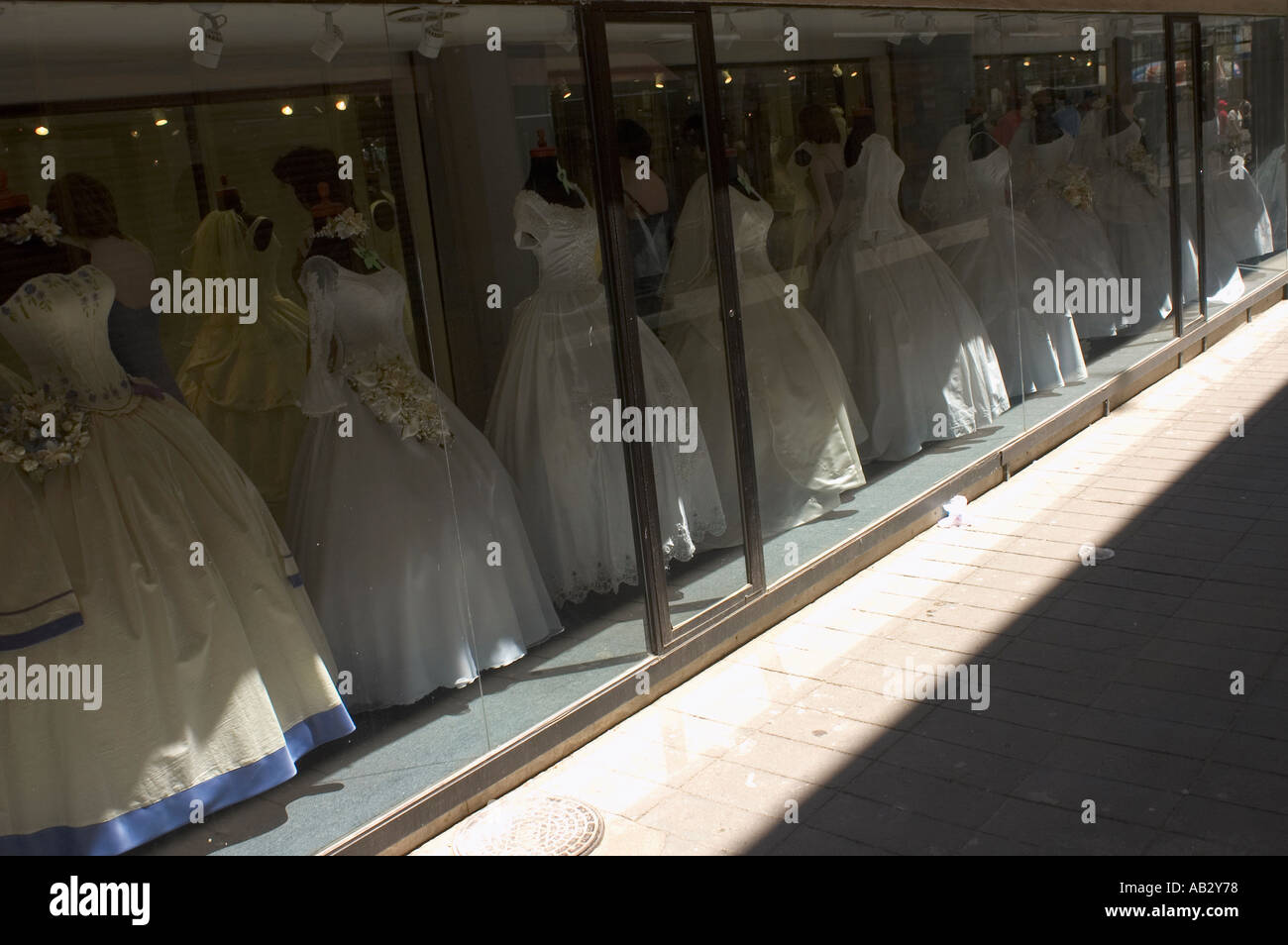 Street scenes in downtown Guadalajara Mexico Wedding dresses in a store