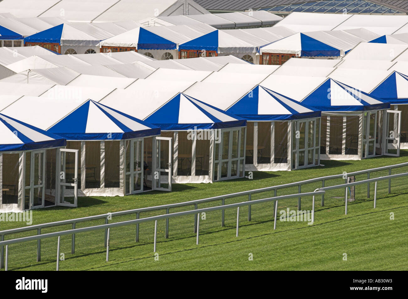 Blue and white hospitality tents at Chester Racecourse Stock Photo - Alamy