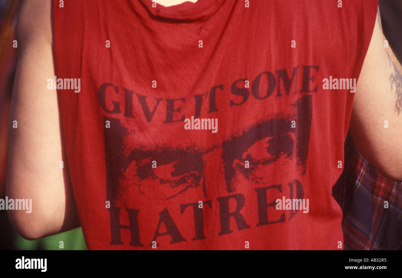 A man wearing a "Give it some Hatred" T-shirt, anti-Criminal Justice Bill, London, 1994. Stock Photo