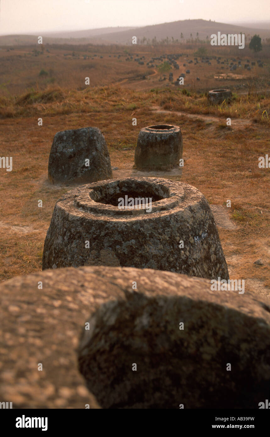 Giant stone jars, Thong Hai Hin (Plain of Jars site 1), Phonsavanh, Xieng Khuang Province, Laos Stock Photo