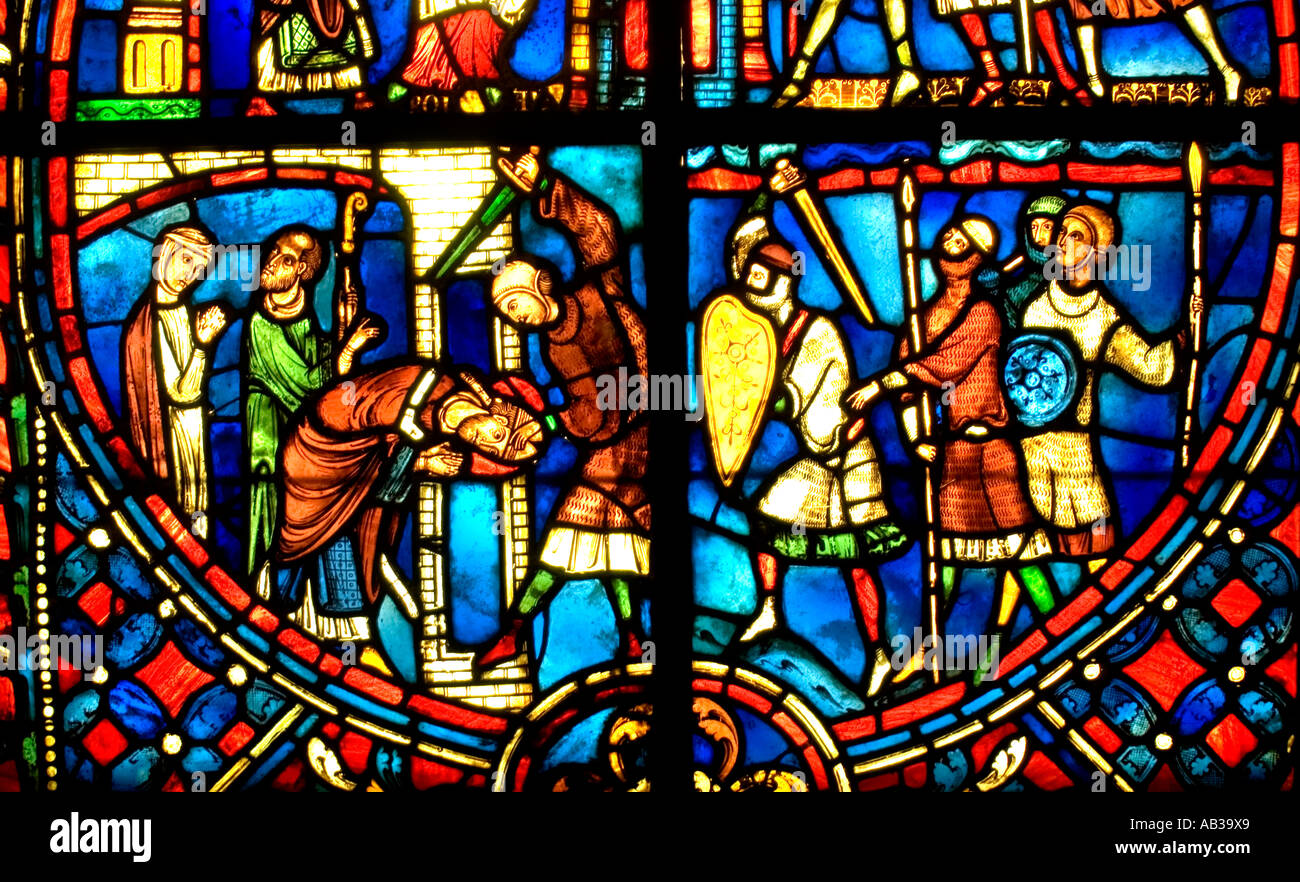 Sint Nicaise XIV 14 Cent Soisson  leaded window light lattice stained glass Stock Photo
