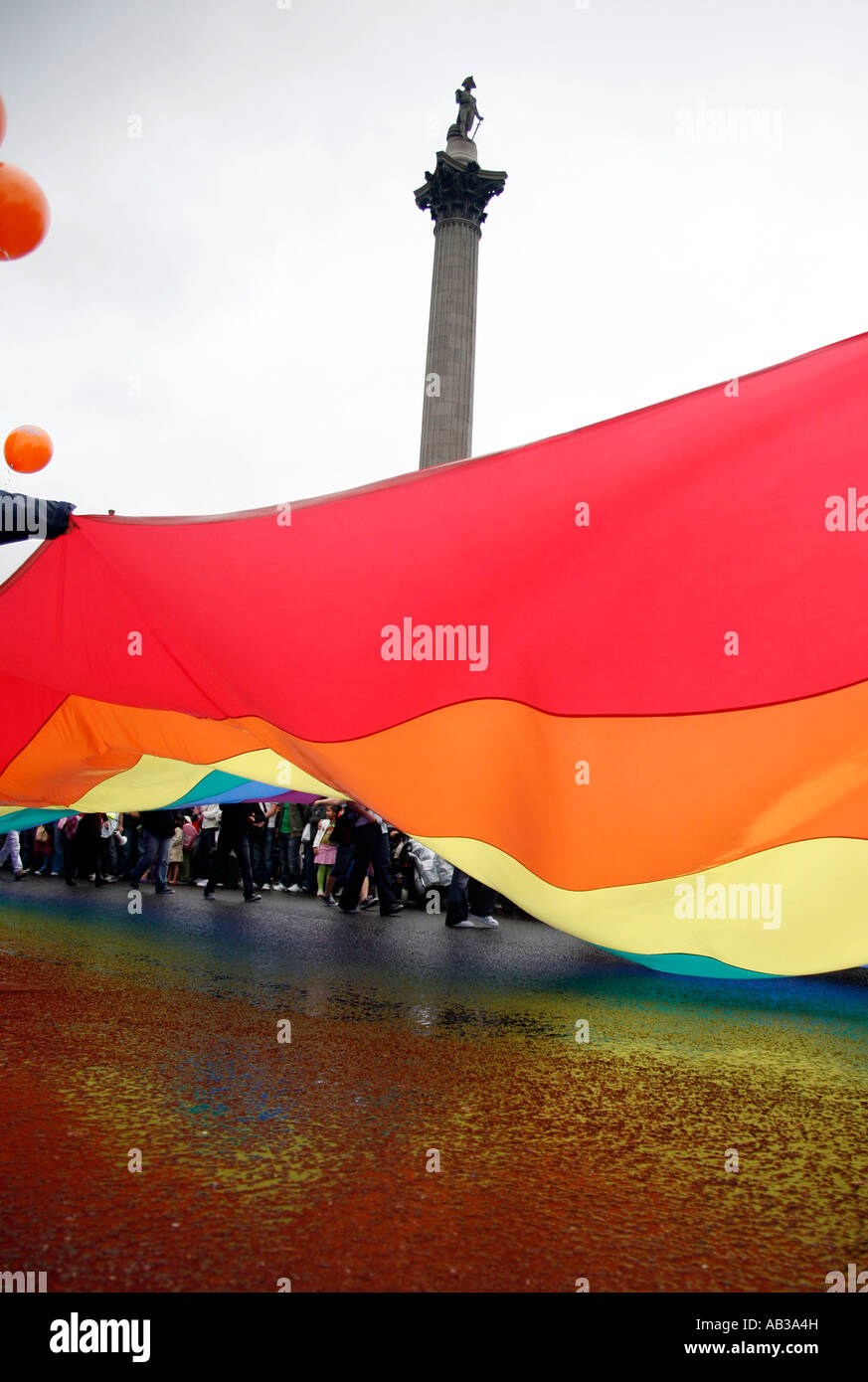 The Rainbow flag passing Trafalgar Square at the 2007 London Gay Pride March Stock Photo