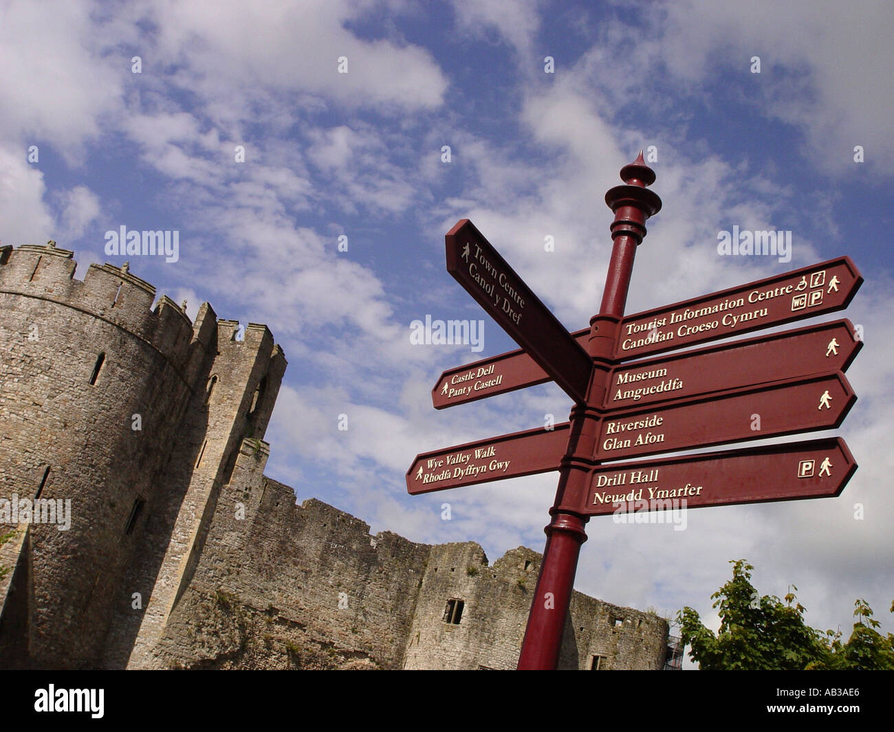 Tourist traffic information sign outside Chepstow Castle in the border ...