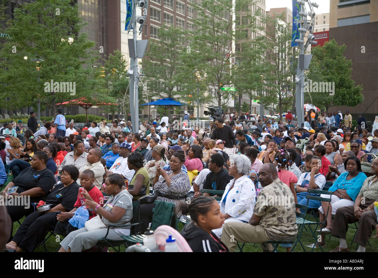 Detroit Michigan A crowd listens to a concert in Campus Martius park Stock Photo