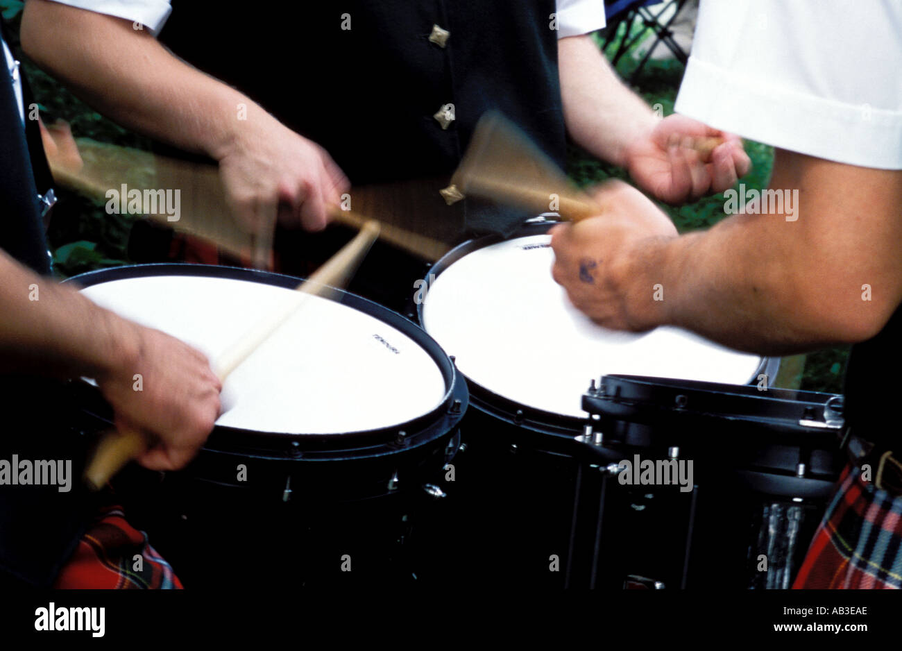 scottish drummers getting ready for parade at Highland Games in