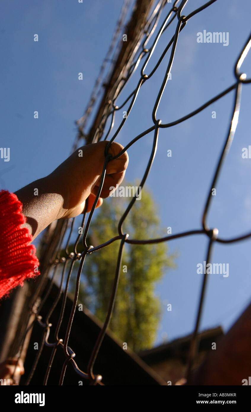 A childs hand on a wire fence Stock Photo