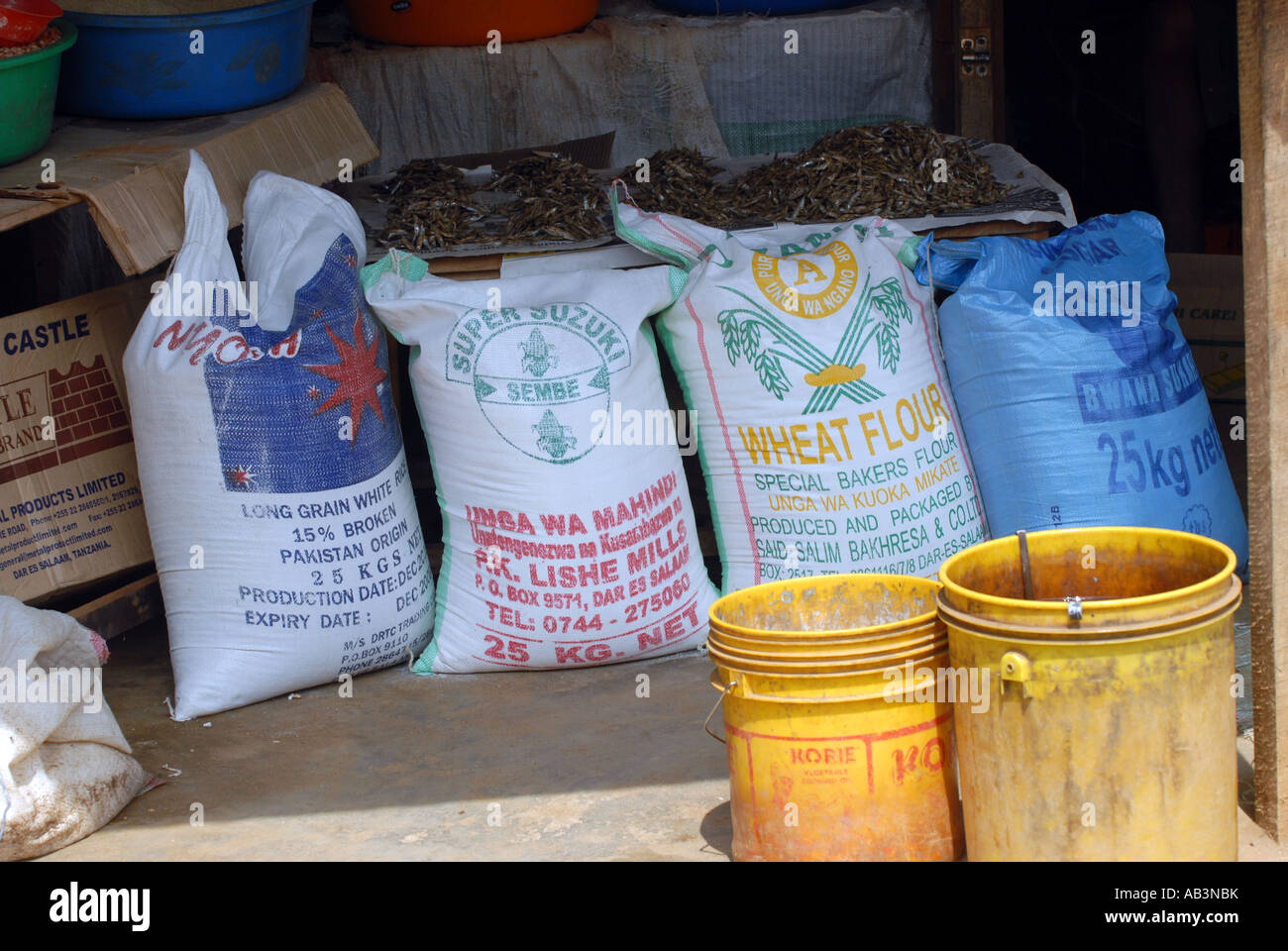 Sacks of wheat flour, rice and sugar in Tanzania Stock Photo Alamy