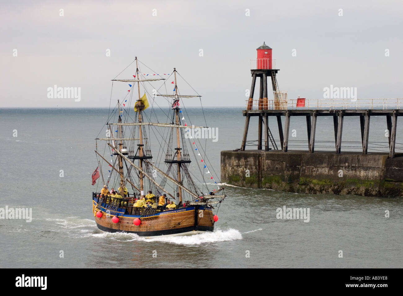 The Bark Endeavour sails into Whitby Harbour Yorkshire Stock Photo - Alamy