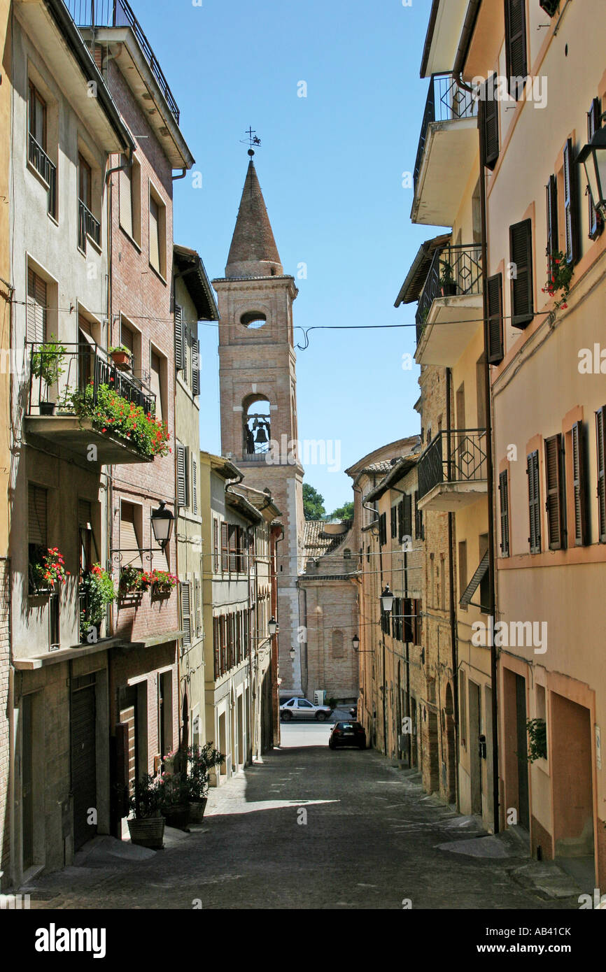 View of the bell tower and narrow street in Caldarola .Le Marche ,Itlay Stock Photo
