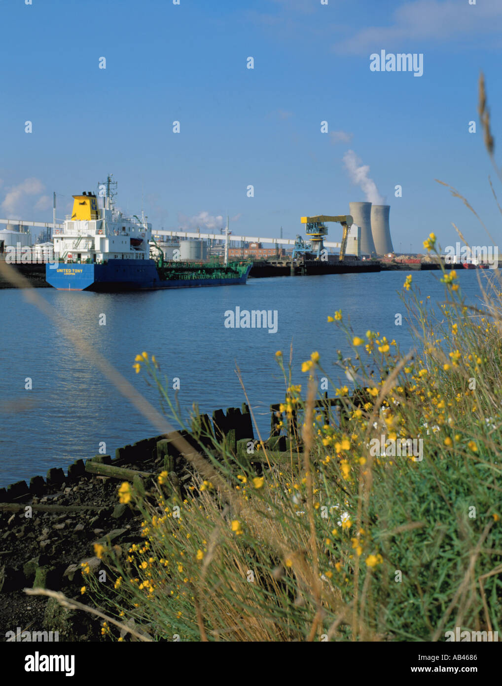 Swedish freighter on River Tees beside Billingham chemical complex, Billingham, Teesside, Cleveland, England, UK. in 1990s Stock Photo