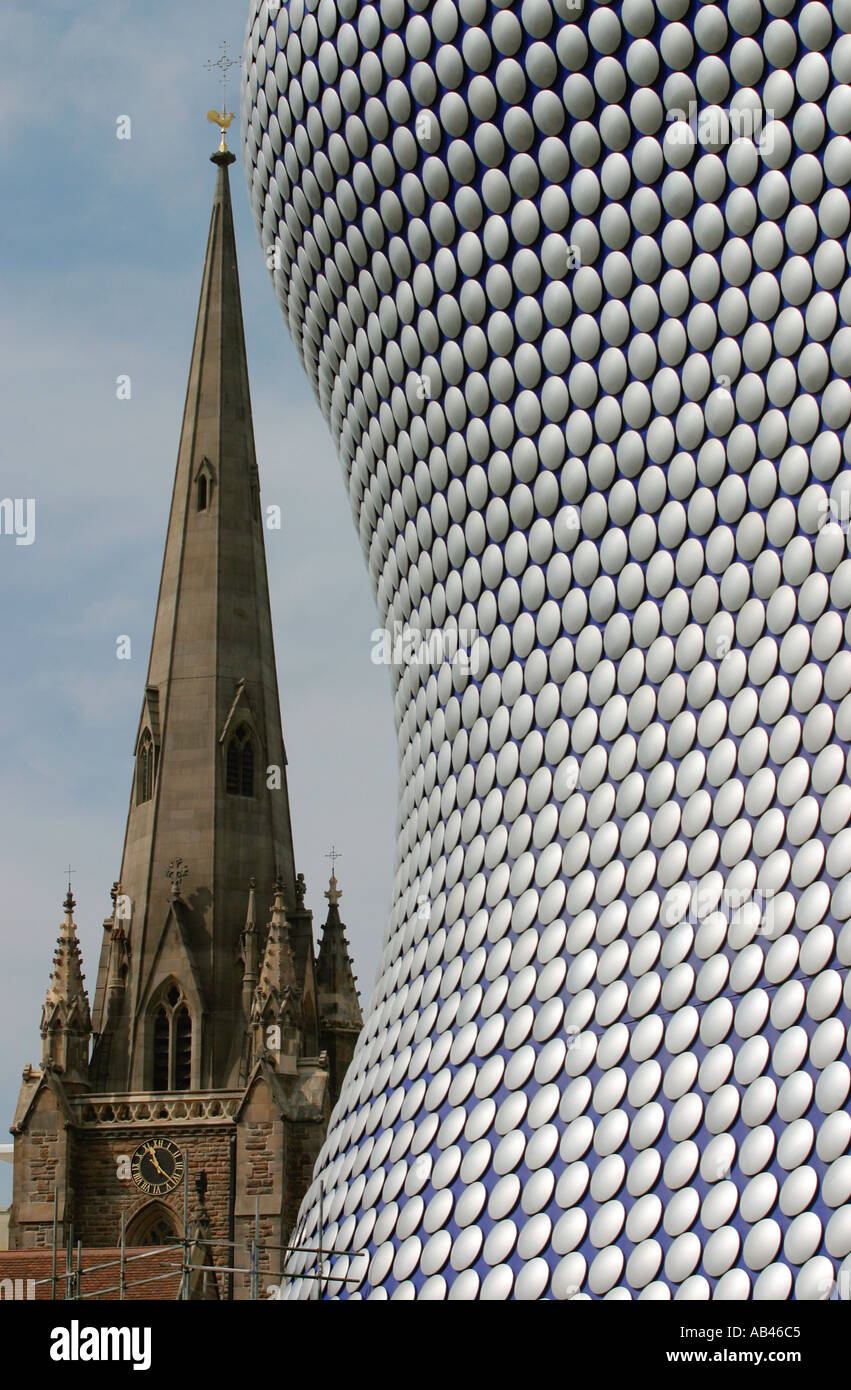 Exterior of the new Selfridges building Birmingham UK with the church of St Martins in the Bull Ring alongside Stock Photo