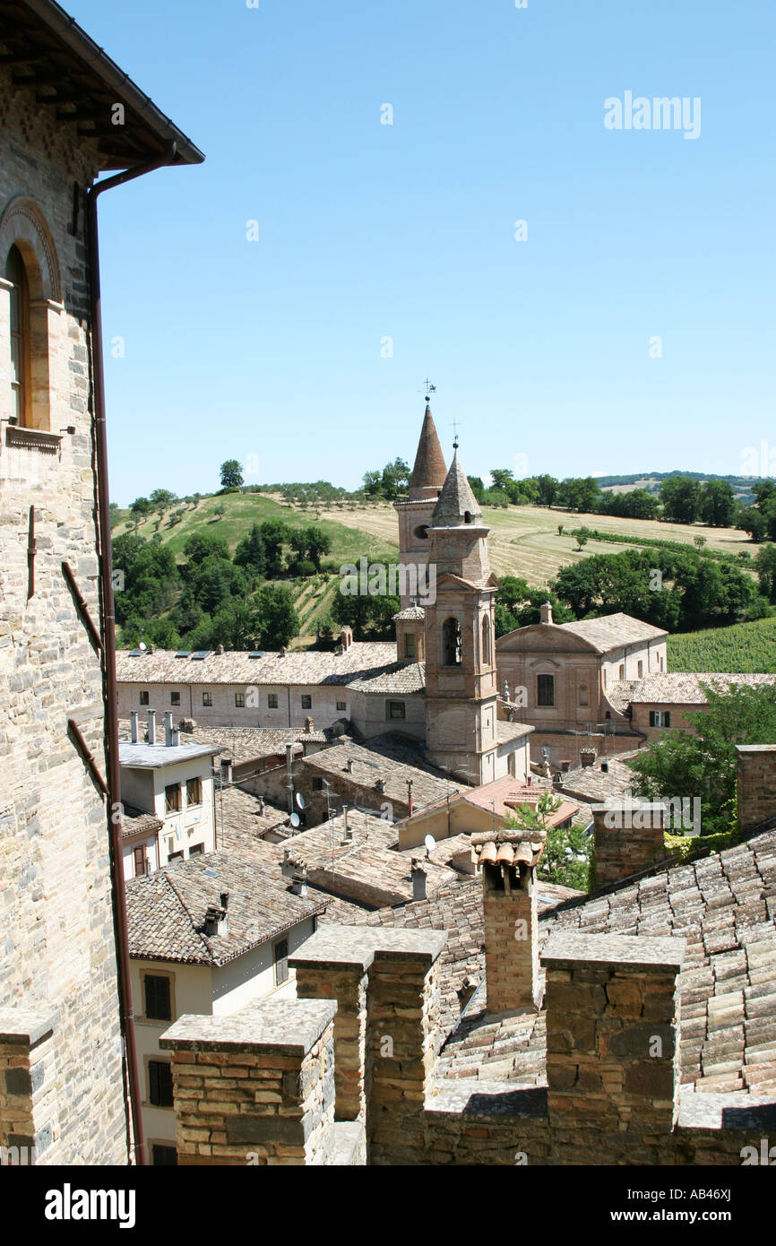 View of the bell tower in Caldarola from Pallota Castle .Le Marche Itlay Stock Photo