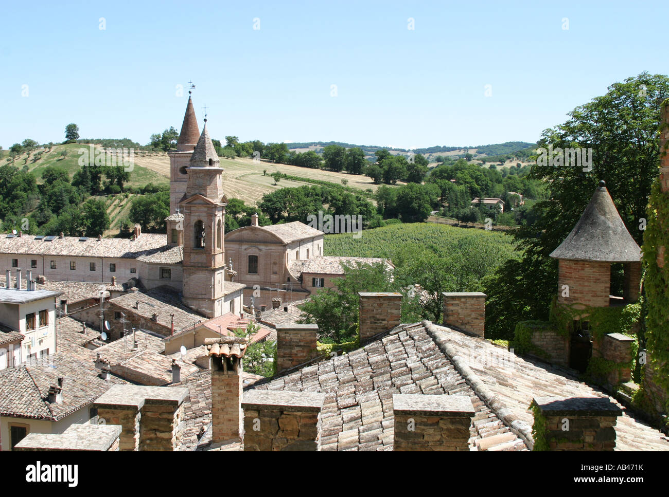 View of the bell tower in Caldarola from Pallota Castle .Le Marche Itlay Stock Photo